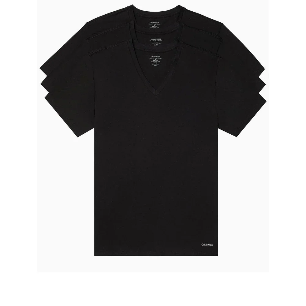 Calvin Klein Mens 3 Pack 100% Cotton Black V Neck T-Shirts Black Classic Fit L‎